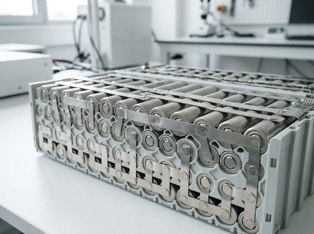 Lithium-ion battery cell array exposed in a clean white laboratory environment.