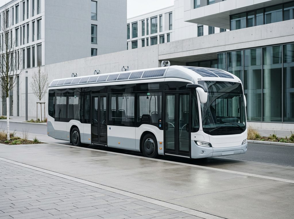 Modern electric city bus with rooftop solar panels and micro-turbines parked on a clean boulevard.