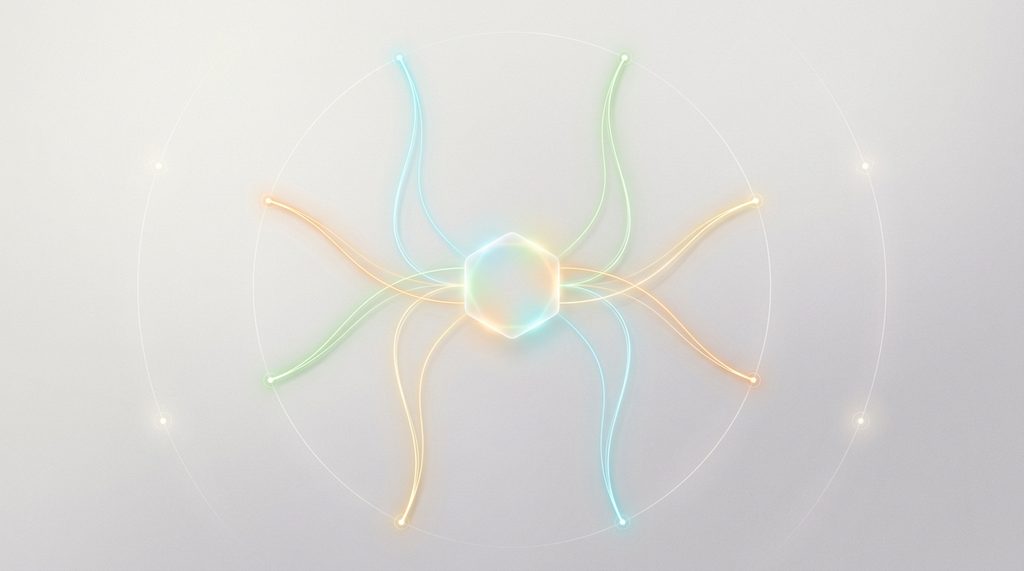 Conceptual visualisation of eight energy streams converging on a central hexagonal node, representing the OMNIA Drive Power Processing Unit.