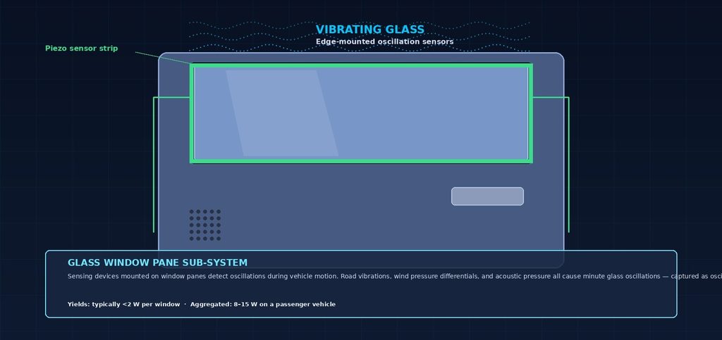 Glass window pane sub-system: edge-mounted oscillation sensors harvest motion-induced vibration in vehicle glass.