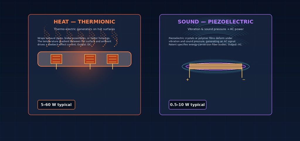 Heat and sound sub-system: thermo-electric generators on hot surfaces and piezoelectric crystals capturing vibration.