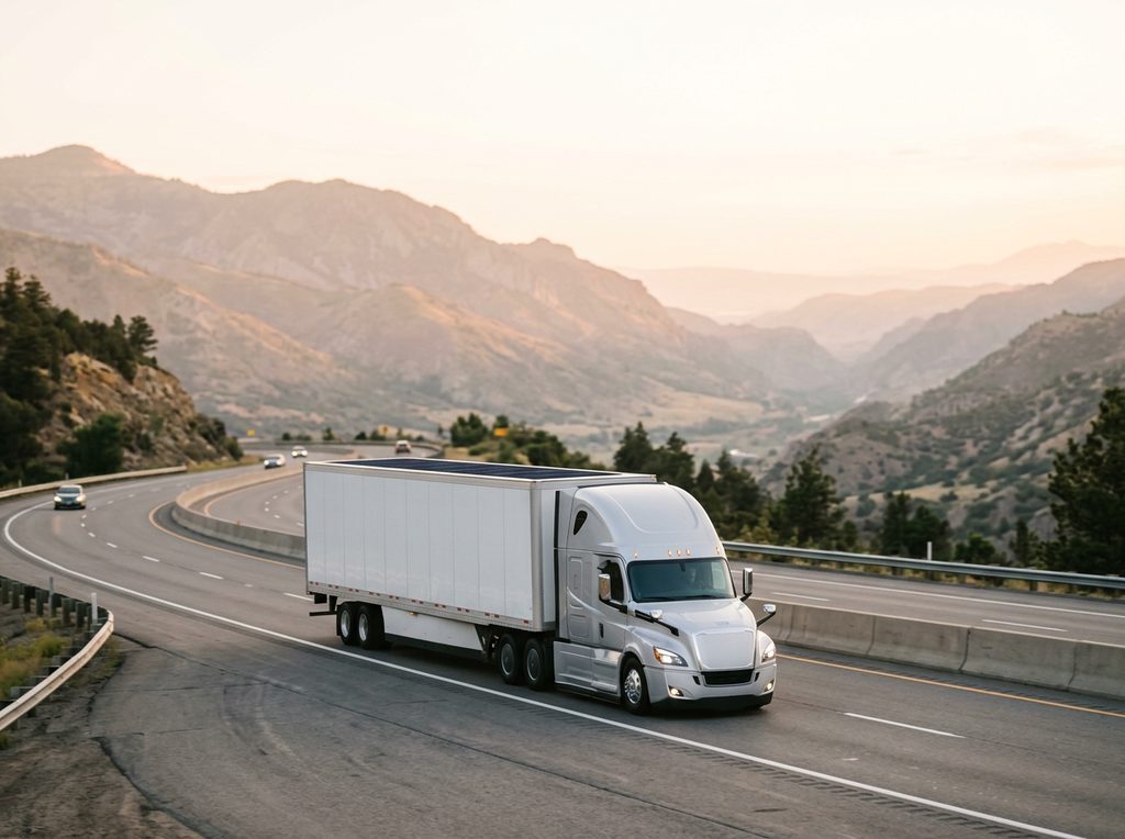 Modern electric heavy-goods truck with subtle solar array on the trailer roof, on a highway descent at golden hour.