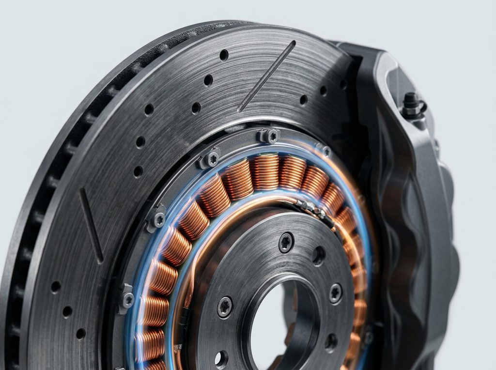 Macro detail of regenerative braking element: brake disc with integrated copper coil generator.