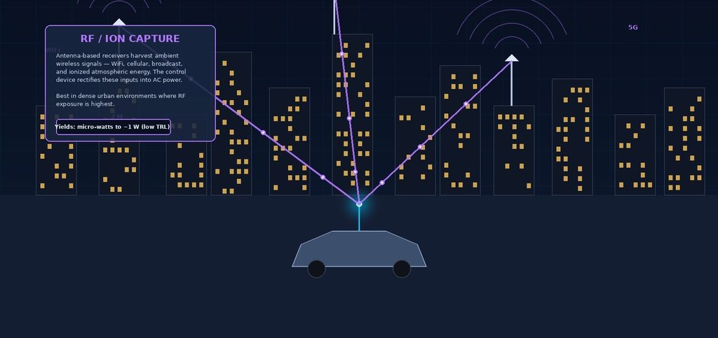 RF and ion capture sub-system: antennas harvest ambient WiFi, cellular and atmospheric energy in dense urban environments.
