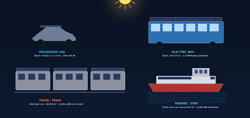 Cross-vehicle solar-yield comparison: passenger car ~1.5–3 m², electric bus ~10–14 m², train ~30–60 m² per car, marine vessel exceeding 50 m².