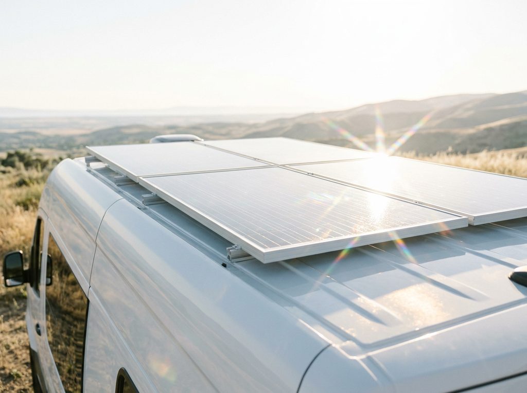 Solar panels mounted on a vehicle rooftop, sunlight refracting through them.