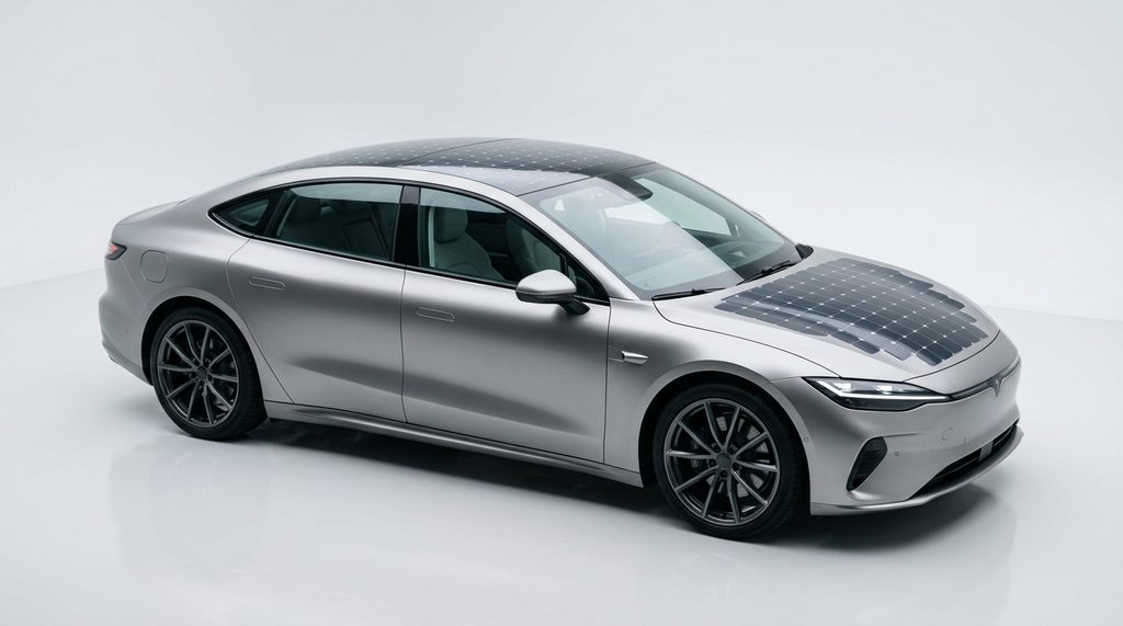 Solar-skinned passenger electric vehicle with photovoltaic panels integrated across the roof and hood.