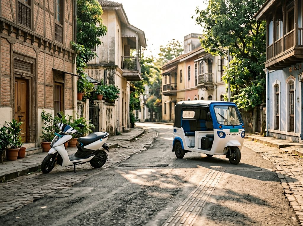 Modern electric scooter and electric rickshaw on a sunlit Indian street.