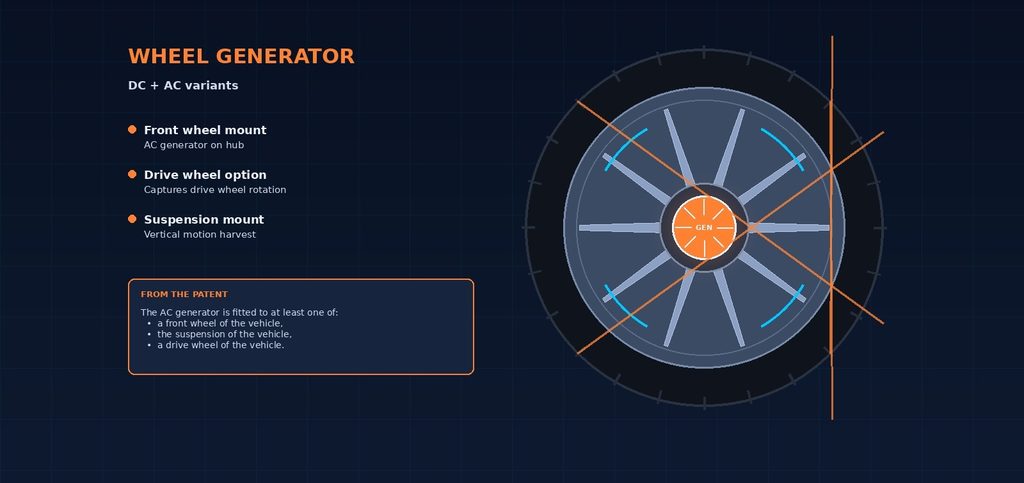 Wheel and suspension generators: AC and DC variants driven by wheel rotation or suspension travel.