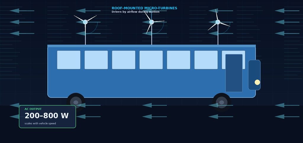 Wind turbine sub-system: roof-mounted micro-turbines on a bus driven by airflow during motion.